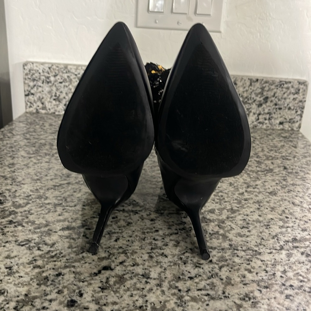 LILIANA SLOUCH SEQUIN POINTY BOOT SIZE 7 1/2 Black Gold. 4.5 inch heel Stilettos - Picture 8 of 17